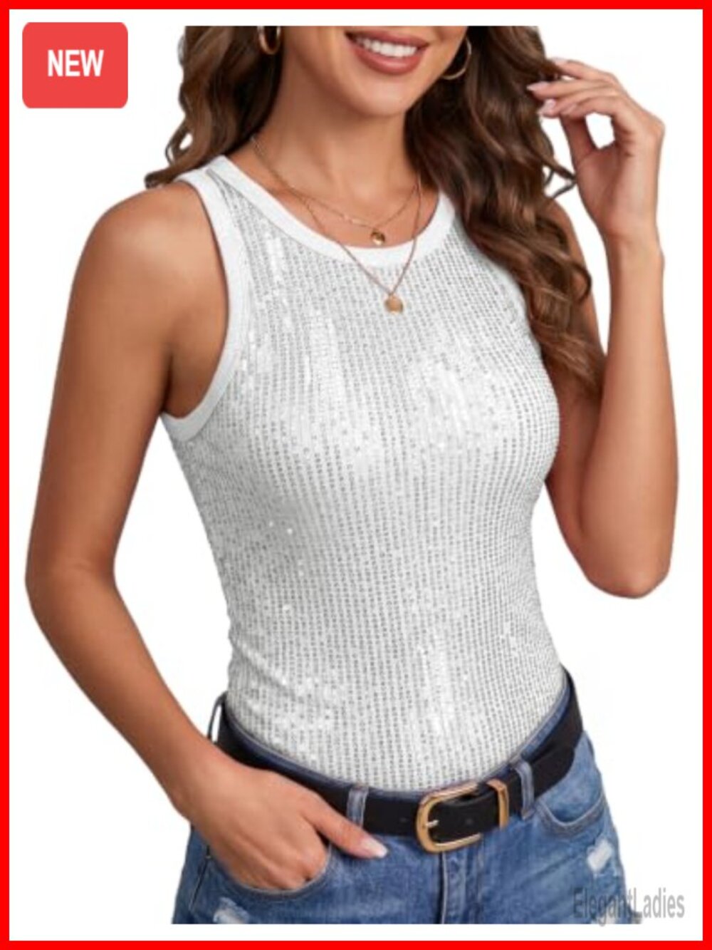 Sparkly Sequin Tank Top Slim Fit Disco Y2K